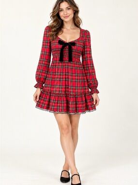 Allison & Kelly Red Plaid Smocked Bow Front Long Sleeve Dress S